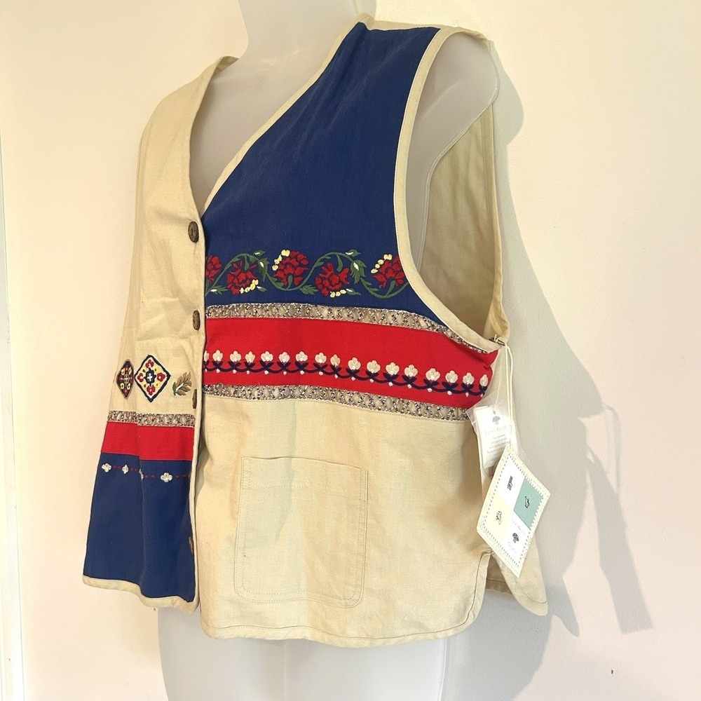 NWT Vtg Susan Bristol Vest Sz L Embroidered Floral Linen Blend Patchwork